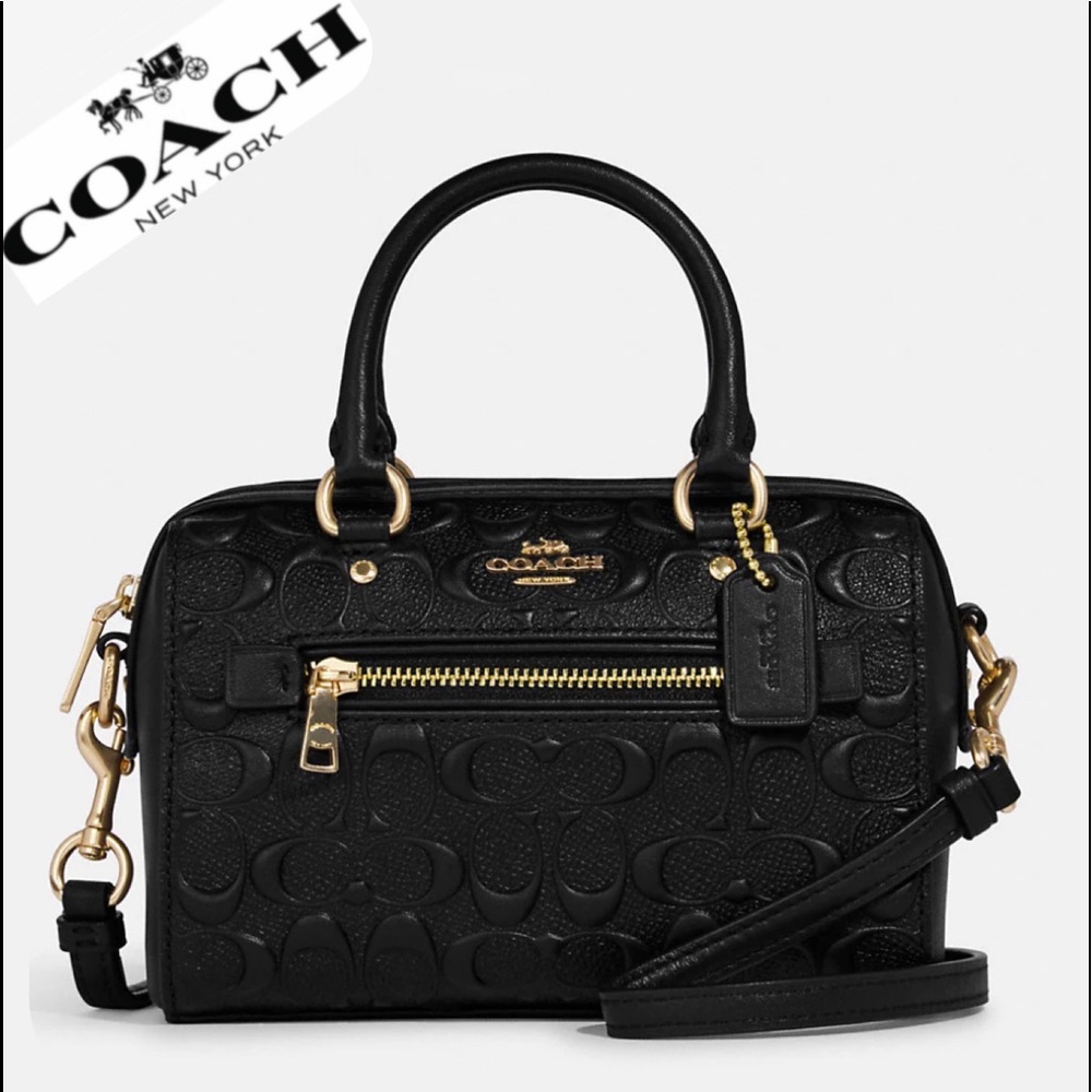 NWT COACH MINI ROWAN CROSSBODY IN SIGNATURE LEATHER GOLD/BLACK SHOULDER BAG - Picture 1 of 6